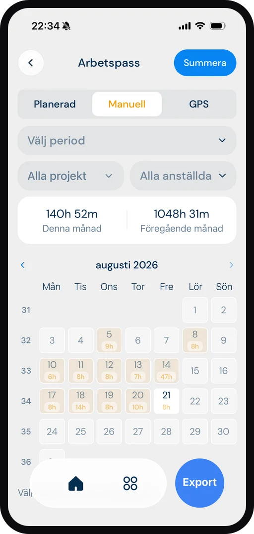 ByggExp-appen: arbeidsøkter med planlagte, manuelle og GPS-timer i en månedskalender