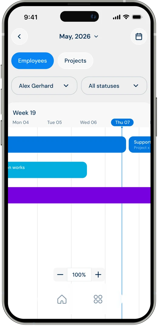 ByggExp-appen: Gantt-visning med oppgaver per medarbeider og prosjekt