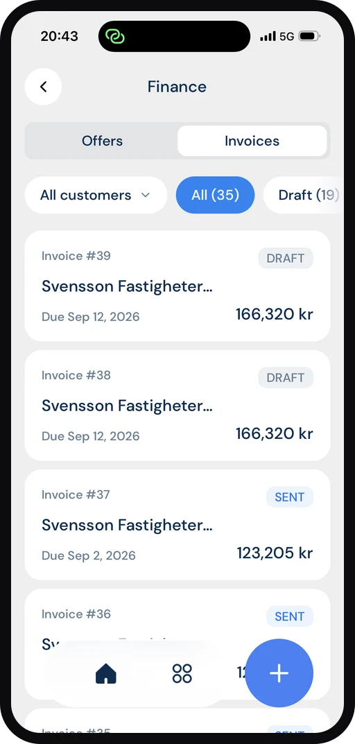 ByggExp-appen: liste over fakturaer med status – utkast og sendt
