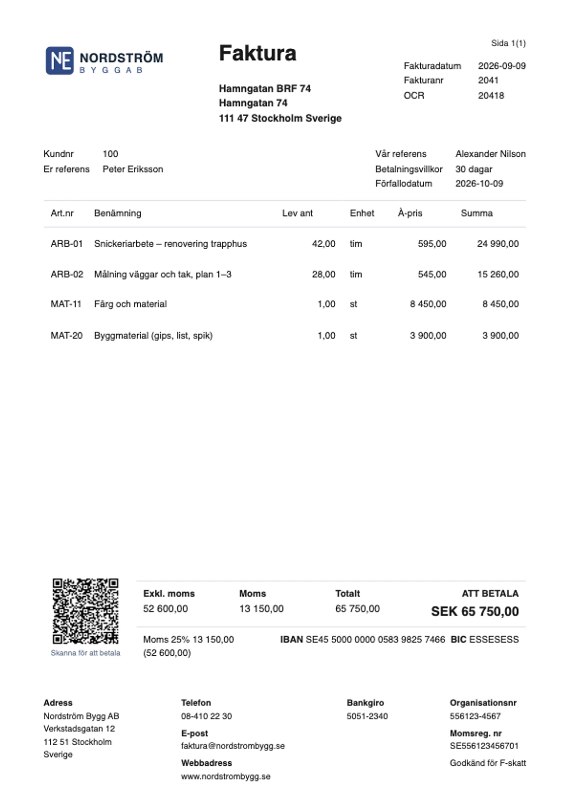 Eksempel på en ferdig faktura fra ByggExp – linjer, mva, KID, kontonummer og QR-kode for betaling
