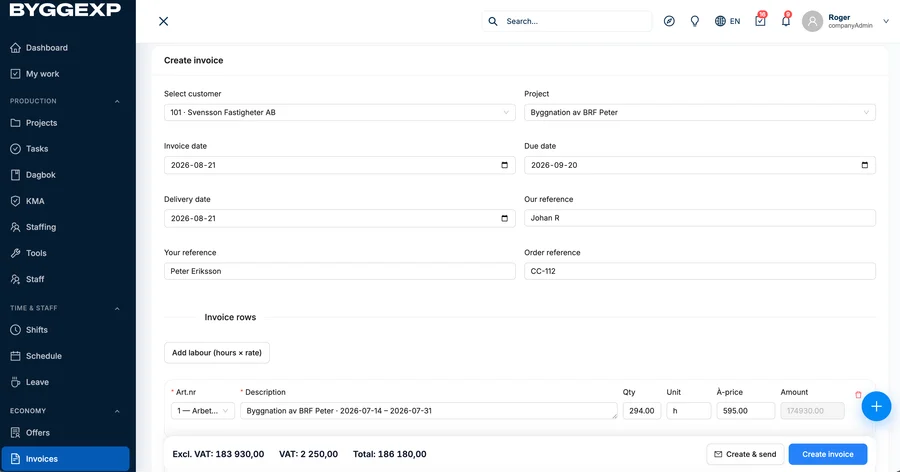 Lag faktura i webadmin – kunde, prosjekt, fakturalinjer og knappen Legg til arbeid (timer × pris)