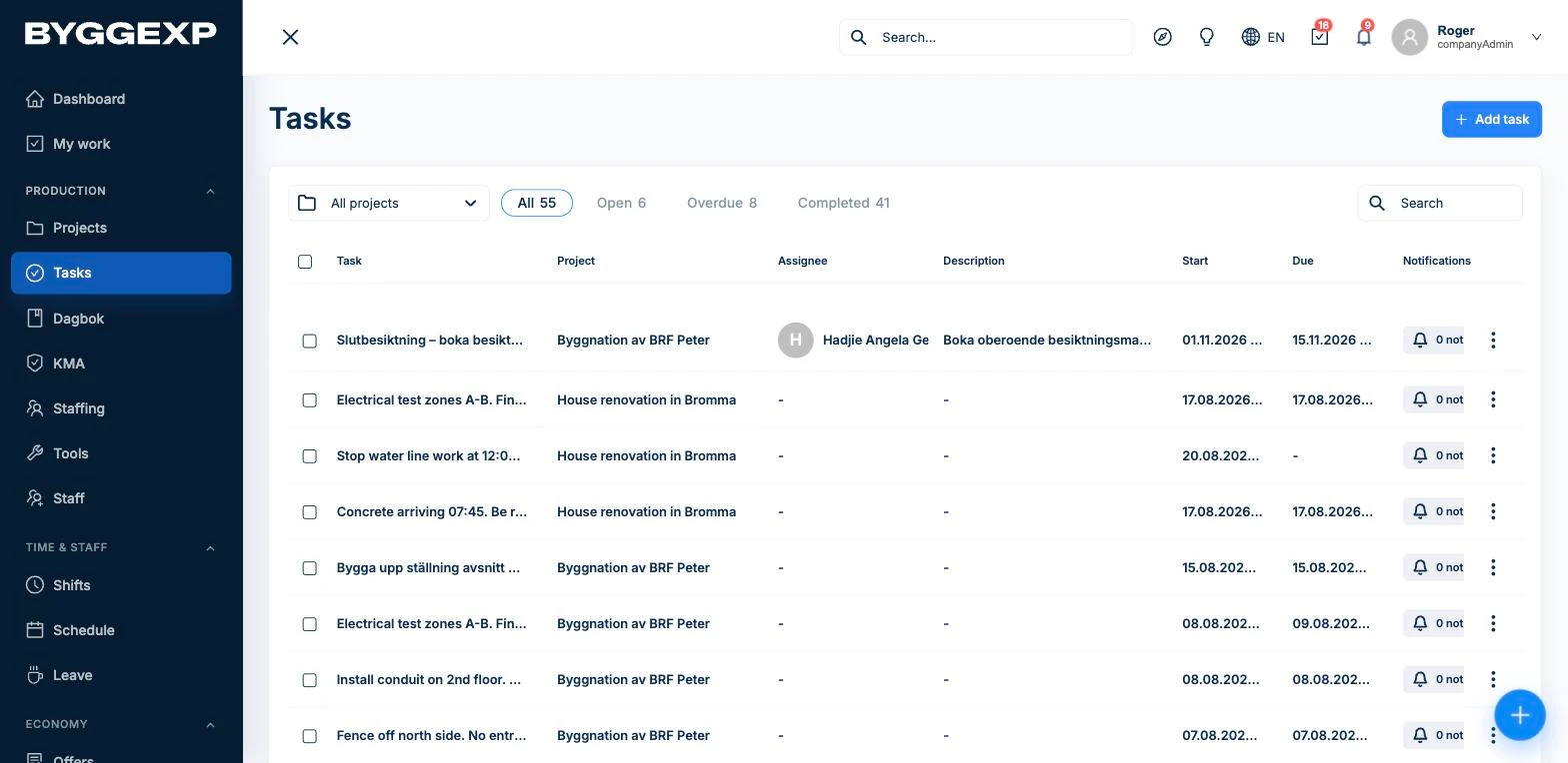 Oppgaver i nettadmin – liste med ansvarlig, prosjekt, start og frist