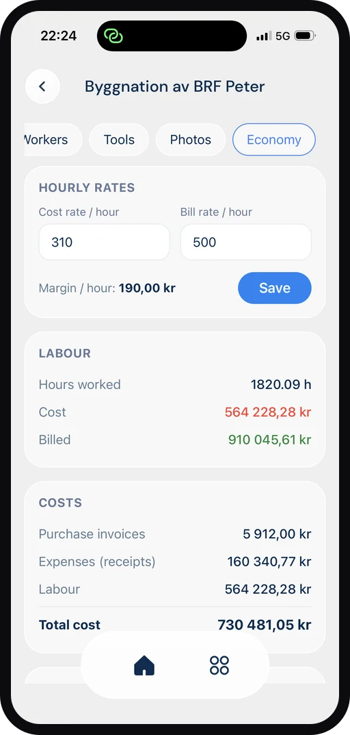 ByggExp-appen: prosjektets økonomi – timepriser, arbeidede timer og kostnad