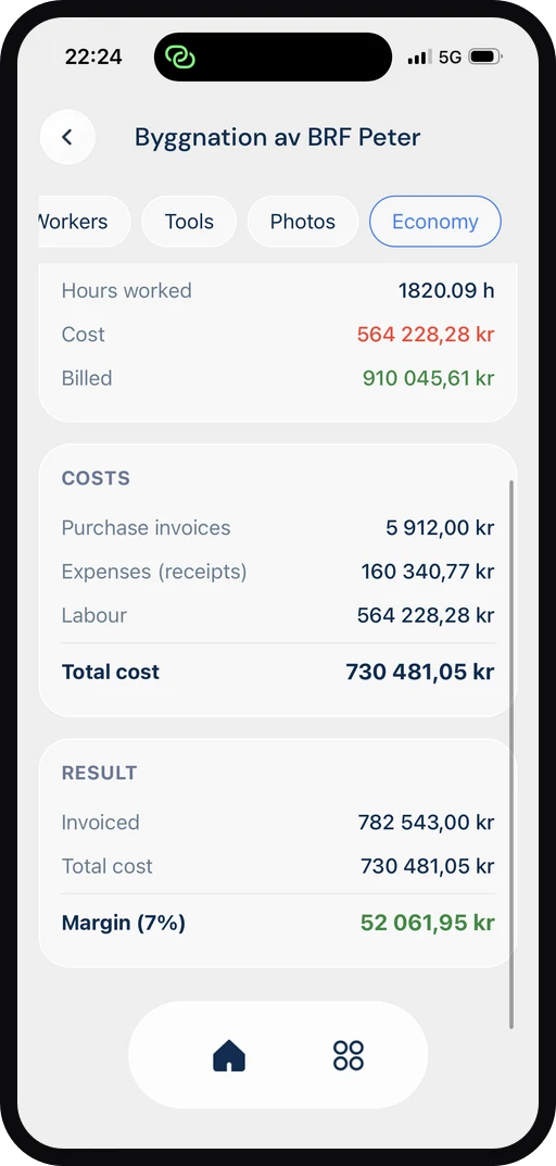 ByggExp-appen: prosjektets økonomi – kostnader, fakturert og margin