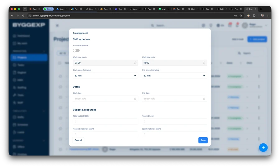 Opprett prosjekt i nettadmin – sett budsjett, planlagte timer og materiell
