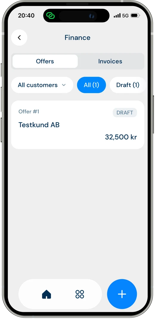 ByggExp-appen: liste over tilbud med status, f.eks. utkast