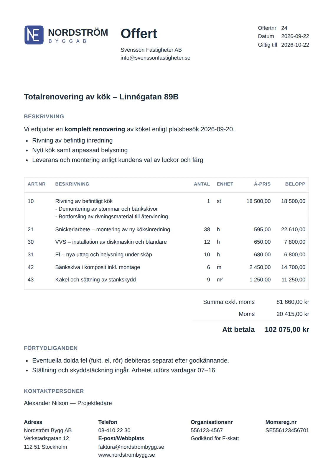 Eksempel på et ferdig tilbud fra ByggExp – linjer, enhetspris, mva og totalsum med firmaets logo