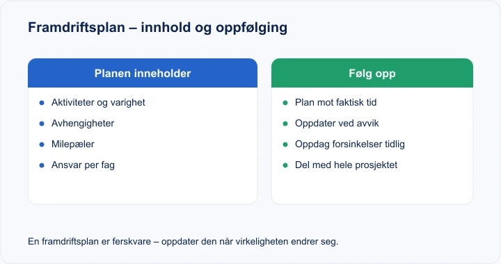 Diagram: framdriftsplan – aktiviteter på en tidslinje med avhengigheter, milepæler og ansvar per fag
